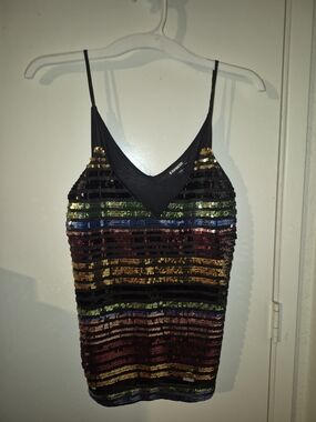 Express Black Sequin Stripe Cami with Gold, Green & Blue Accents